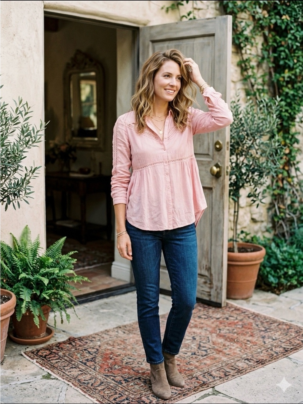 Free People Pink Lace Boho Peplum Button Down Blouse